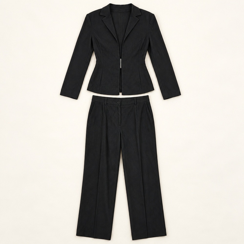 Margon 100% Virgin Wool Black Pant Suit Set Fitted Blazer Trousers Women's Sm